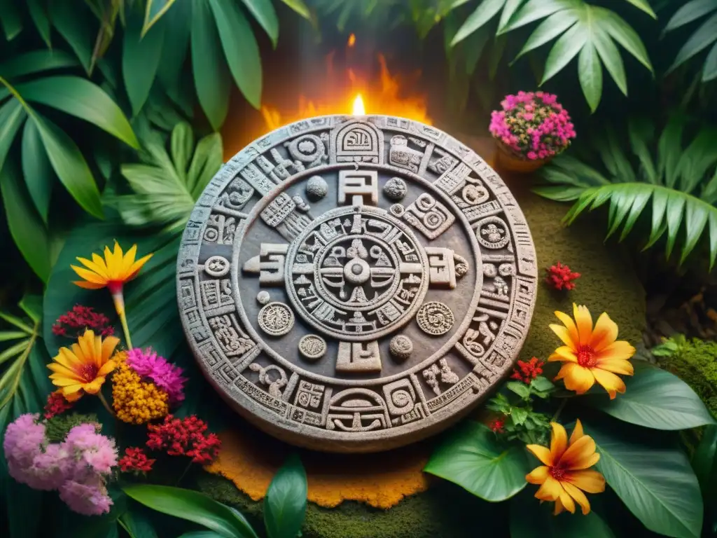 Calendario Maya Precisión Astronómica: piedra tallada con símbolos astronómicos rodeada de ofrendas y selva exuberante