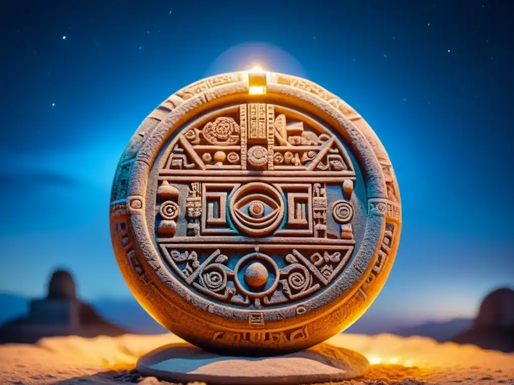 Calendario maya 2012 comprensión celestial: Detalle de la piedra tallada iluminada por antorcha, bajo un cielo estrellado