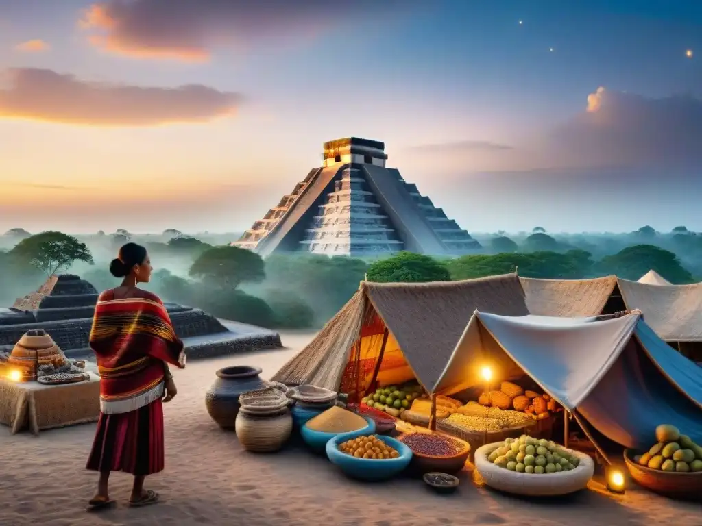 Calendario maya y comercio astronómico en un mercado al amanecer con estrellas brillantes