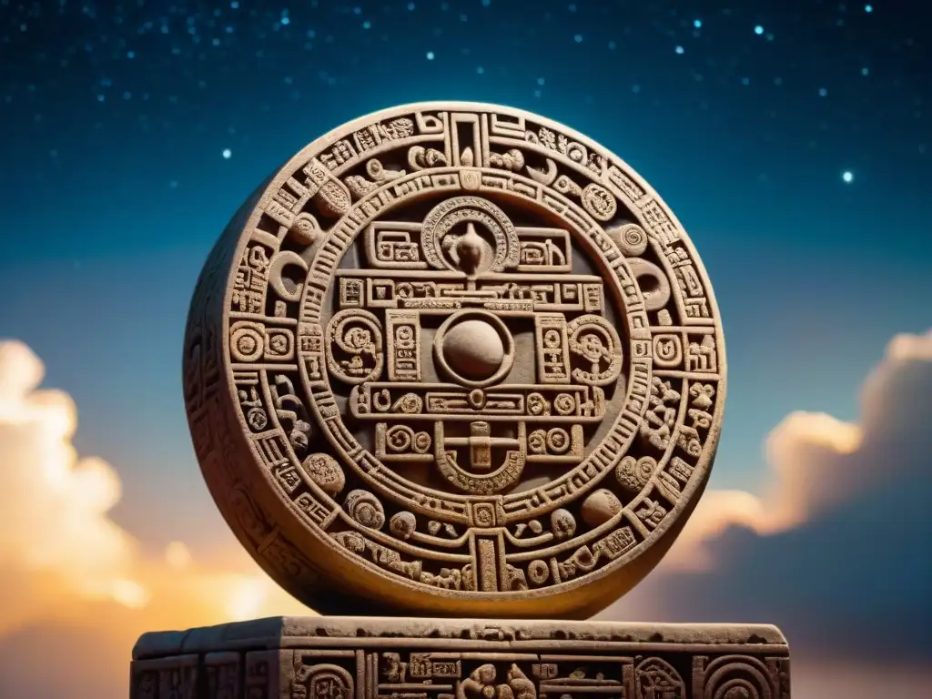 Calendario maya detallado con eventos celestiales en el cielo estrellado de la península de Yucatán