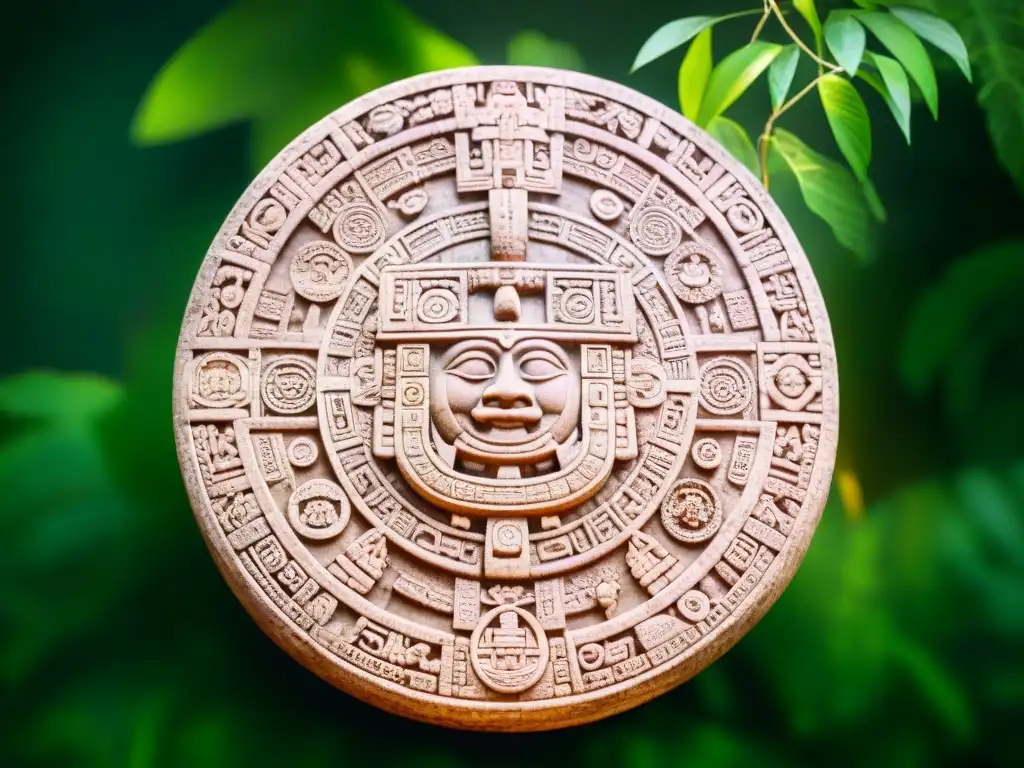 Calendario Maya detallado en piedra, rodeado de selva verde exuberante