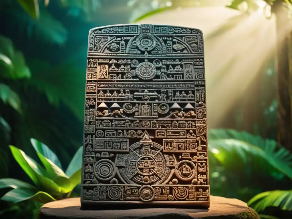 Calendario maya interpretación divina: detallada piedra tallada con símbolos vibrantes y hieroglíficos, en bosque tropical iluminado por el sol