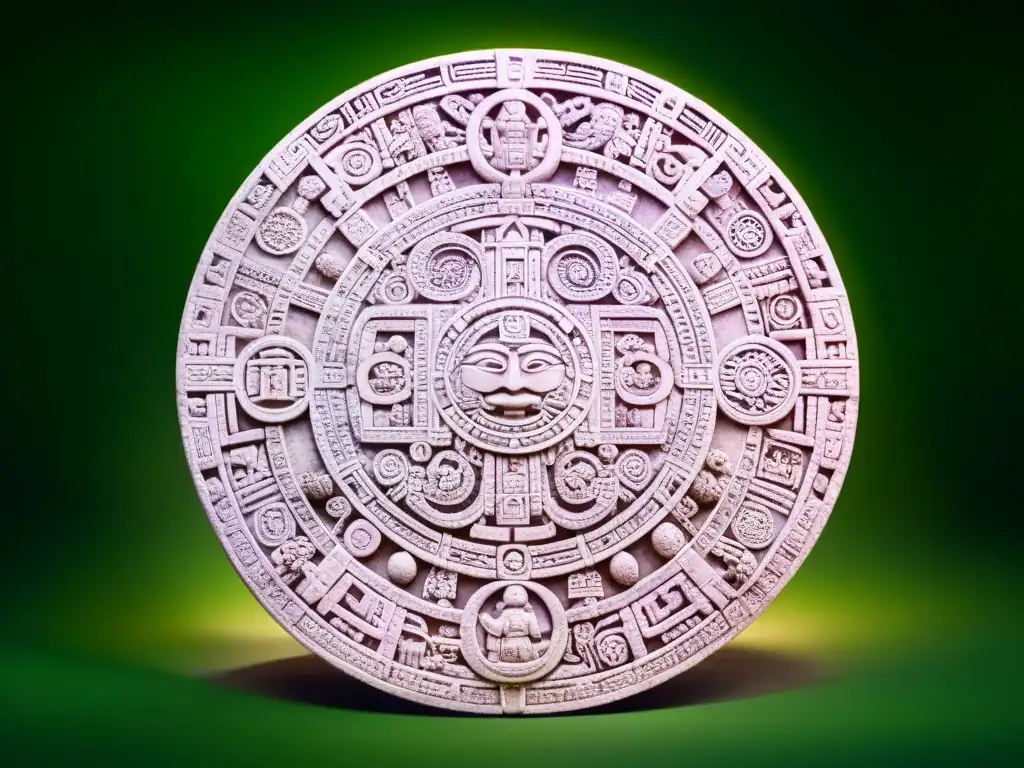 Calendario Maya tallado: legado cultural y conocimiento astronómico Calendario maya esculpido detalladamente rodeado de vegetación, muestra herencia cultural y tecnologías mayas olvidadas