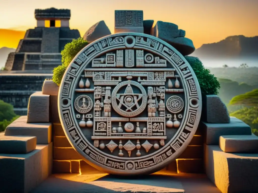 Calendario Maya festividades tradicionales: piedra tallada con glifos y símbolos, iluminada por el sol sobre ruinas antiguas