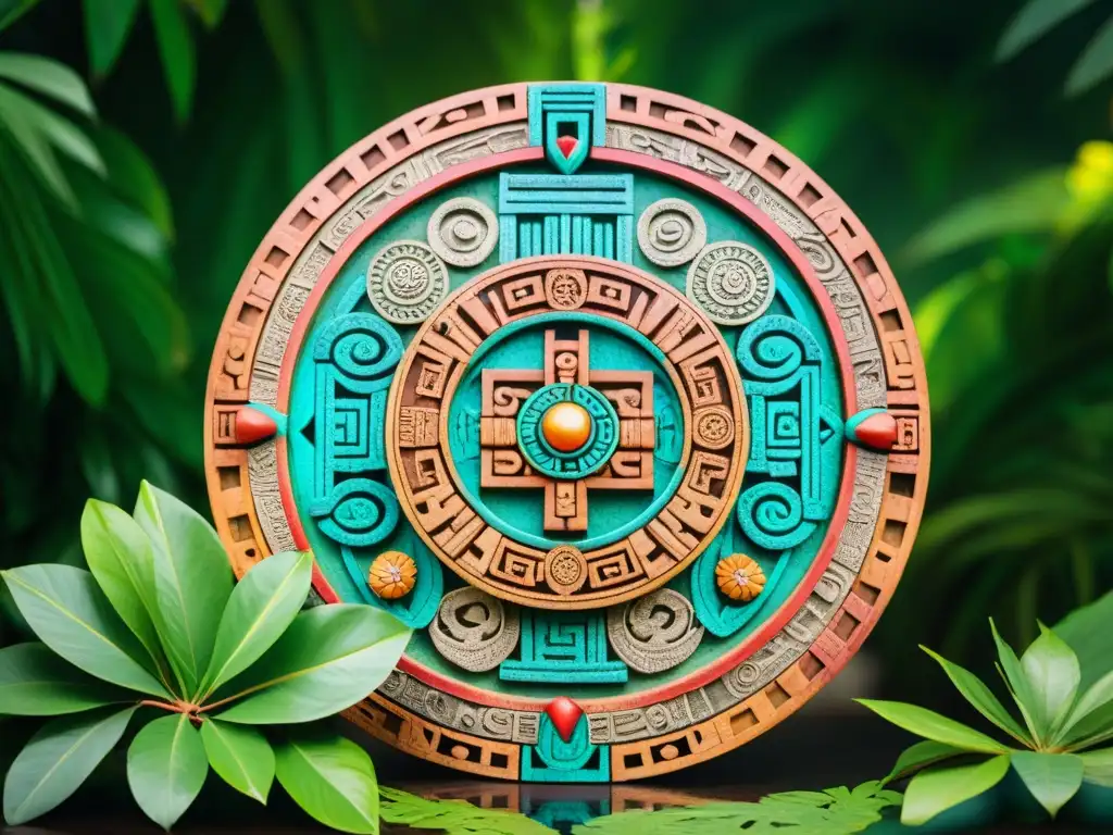 Un calendario maya de madera tallado a mano, con colores vibrantes y símbolos intrincados, en la selva