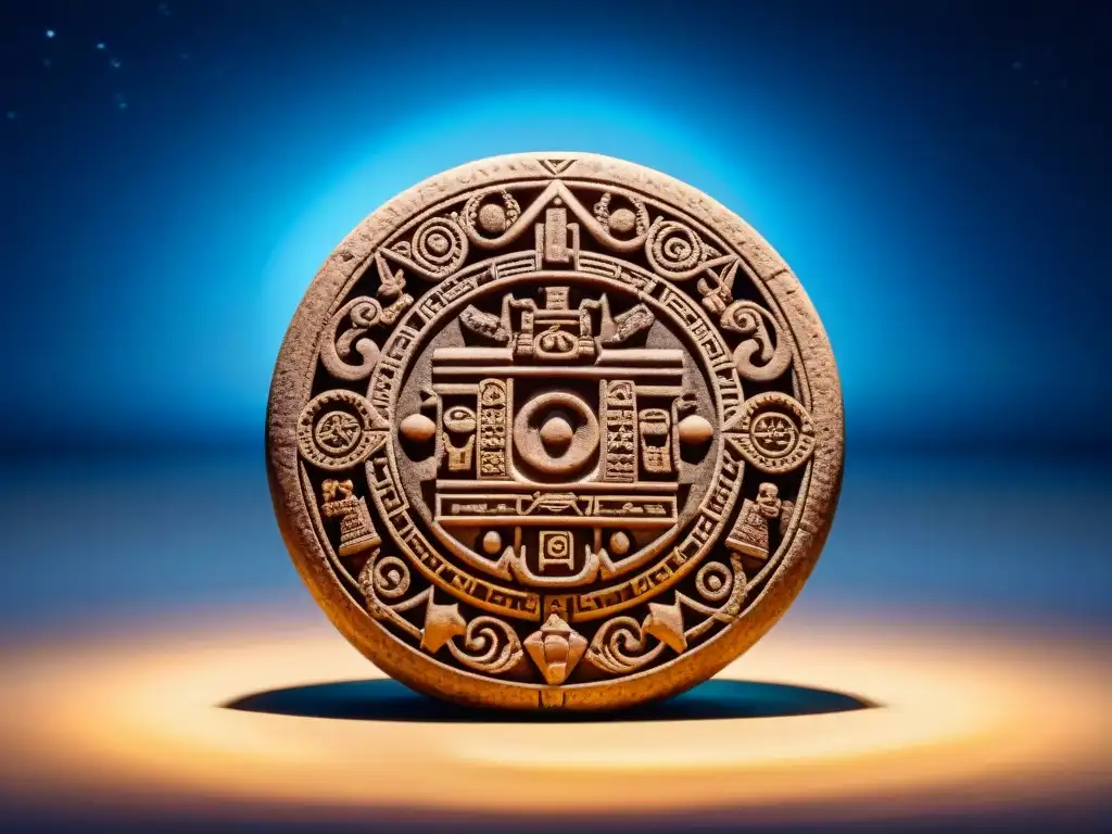 Calendario maya en la noche estrellada, iluminado por la luna, revelando una conexión cósmica ancestral