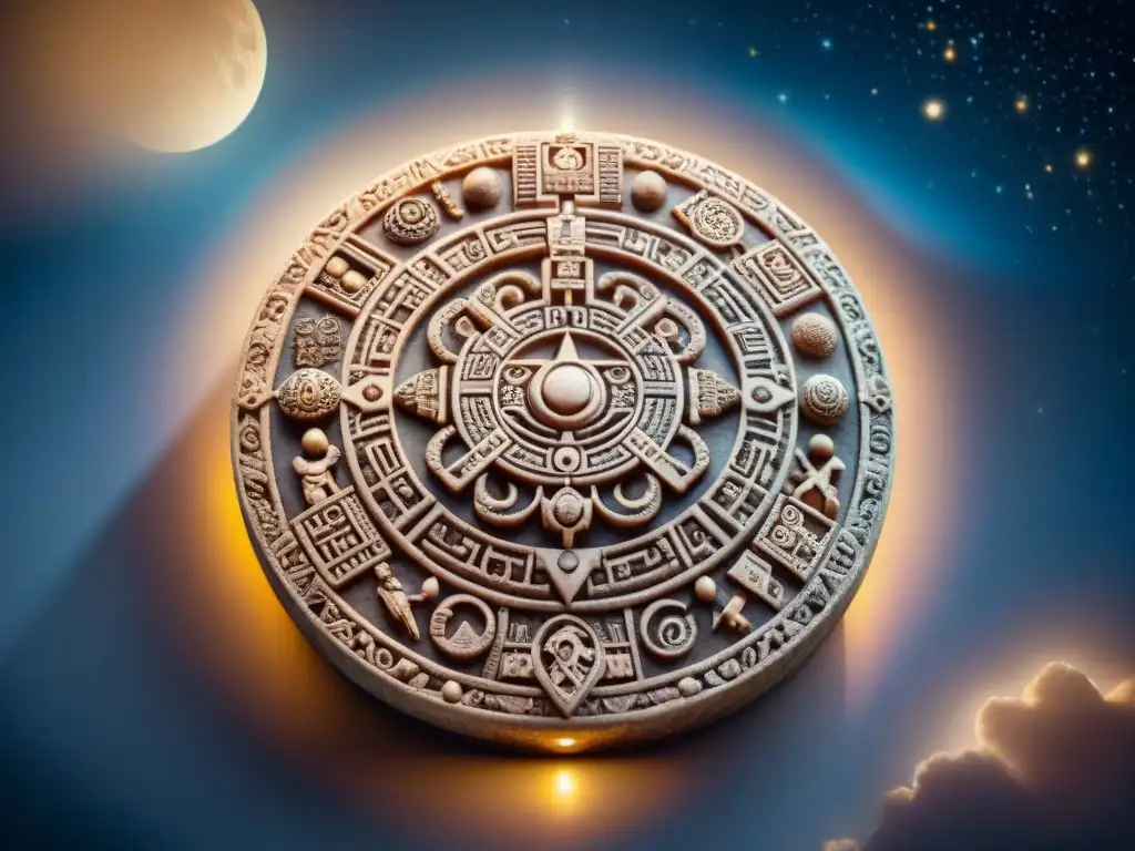 Calendario maya de piedra tallada, iluminado por una antorcha en la noche estrellada