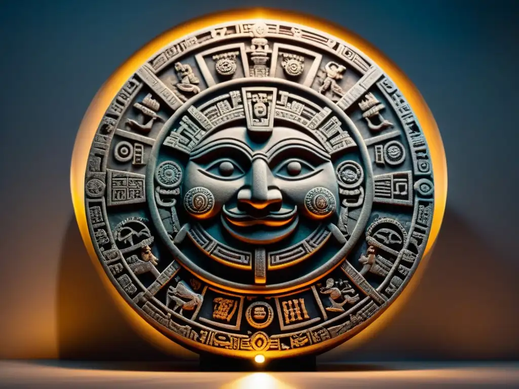 Calendario maya de piedra tallado con símbolos cósmicos, iluminado por luz divina