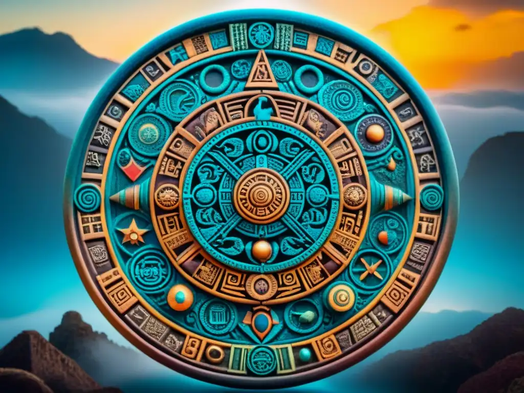 Calendario maya pintado a mano con colores vibrantes y detalles meticulosos, capturando la esencia de la astrología maya y sus conexiones cósmicas