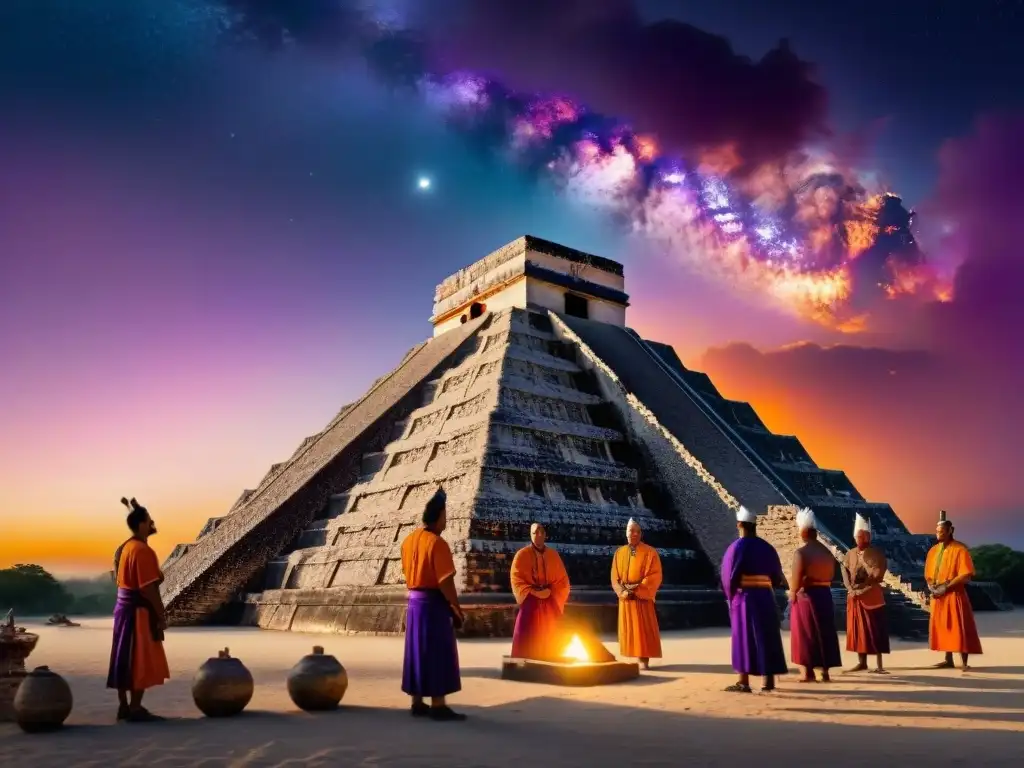 Calendario Maya: sacerdotes astrónomos realizan ceremonia frente a pirámide en evento celestial al atardecer