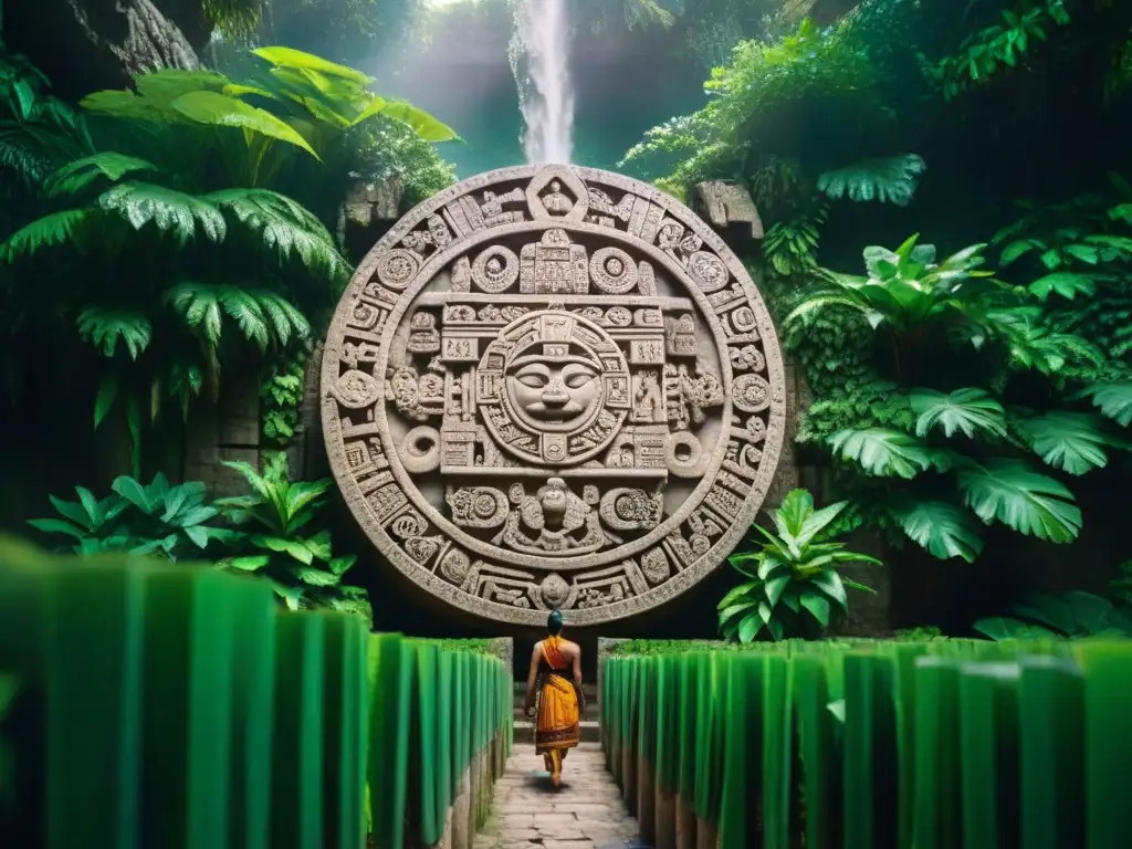 Calendario Maya significado profundo: Detallado calendario maya esculpido en piedra, en la jungla verde con luz filtrándose entre las hojas