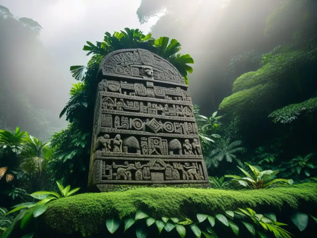 Estela maya en Uaxactún: arte ancestral entre la selva Calendario maya tallado en estela en Uaxactún, arte ancestral bajo la luz del sol en la selva guatemalteca