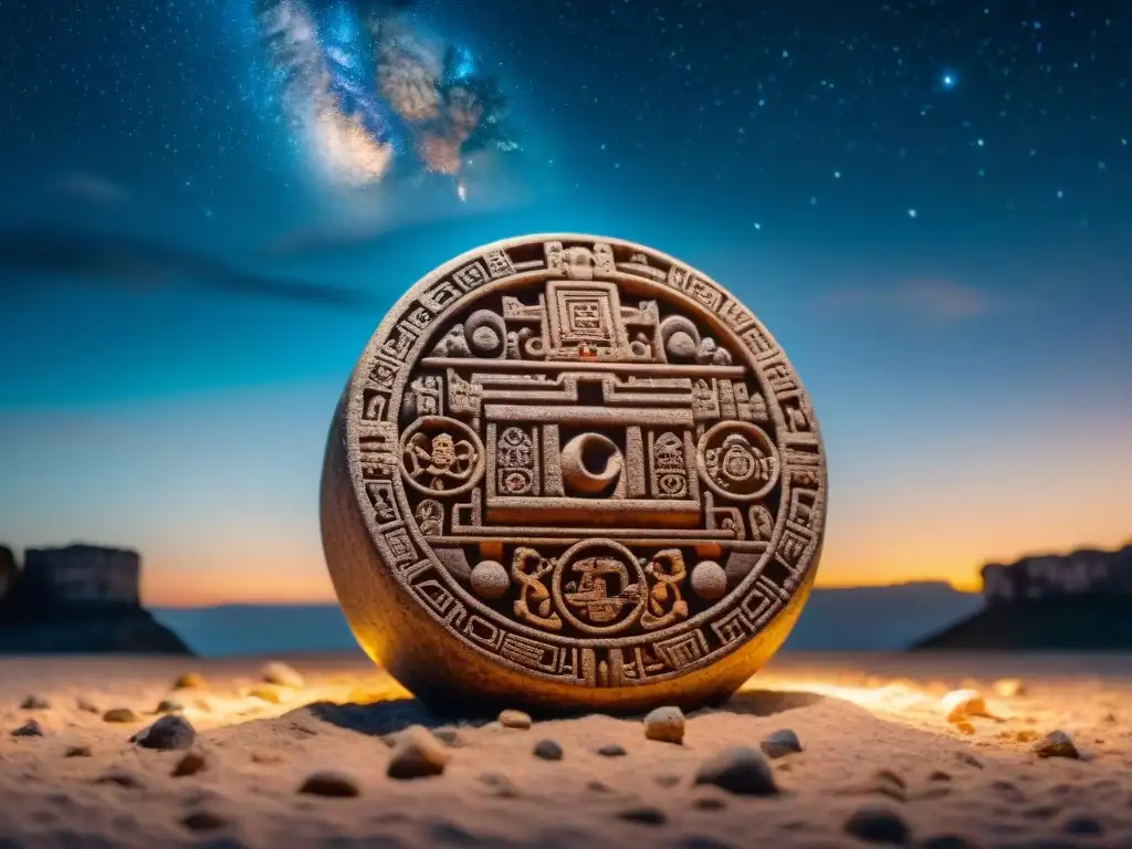 Calendario maya tallado en piedra con símbolos y glifos, iluminado por la luz de la luna en una noche estrellada