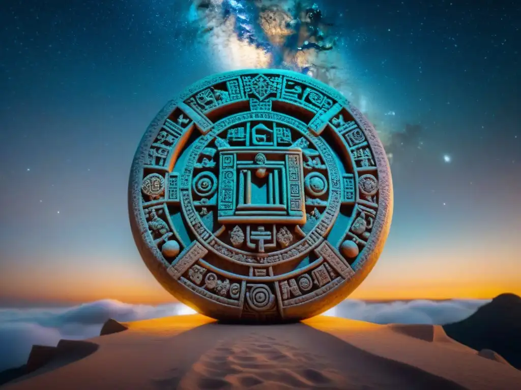 Calendario Maya con interpretación divina, tallado en piedra, bajo la Vía Láctea en la noche estrellada