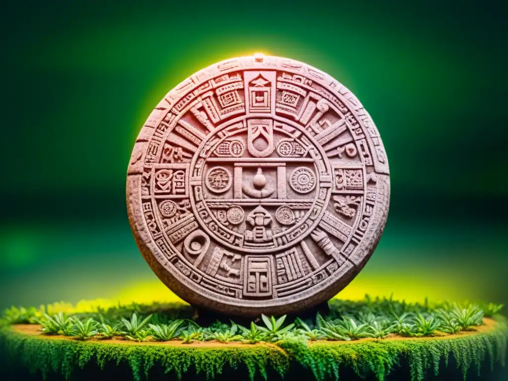 Calendario Maya en la vida cotidiana: una piedra tallada con símbolos y vegetación exuberante bajo el sol