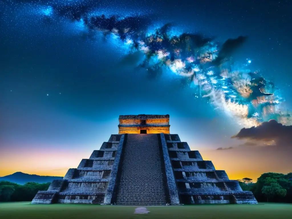 Calendario y astronomía: La conexión mística de la civilización maya con el cosmos en una noche estrellada sobre un sitio arqueológico