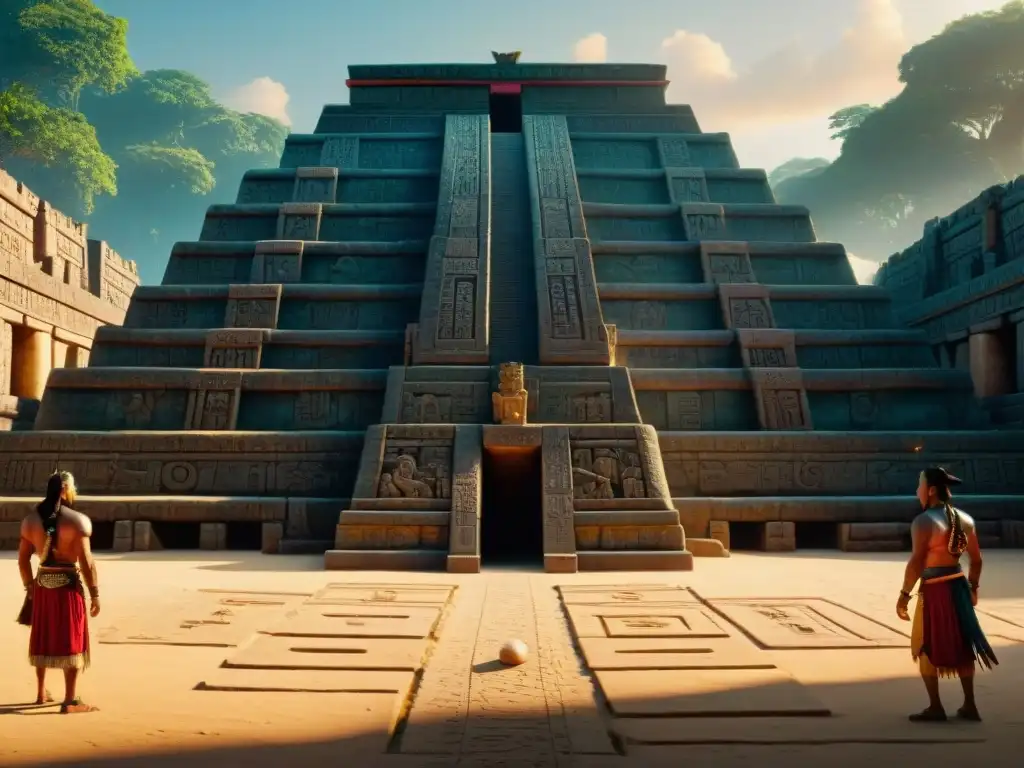 La cálida luz del atardecer ilumina el simbolismo del juego de pelota maya en las ruinas antiguas