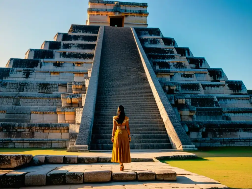 La cálida luz del atardecer ilumina el Templo de Kukulkán en Chichén Itzá, destacando la influencia religión en cultura maya