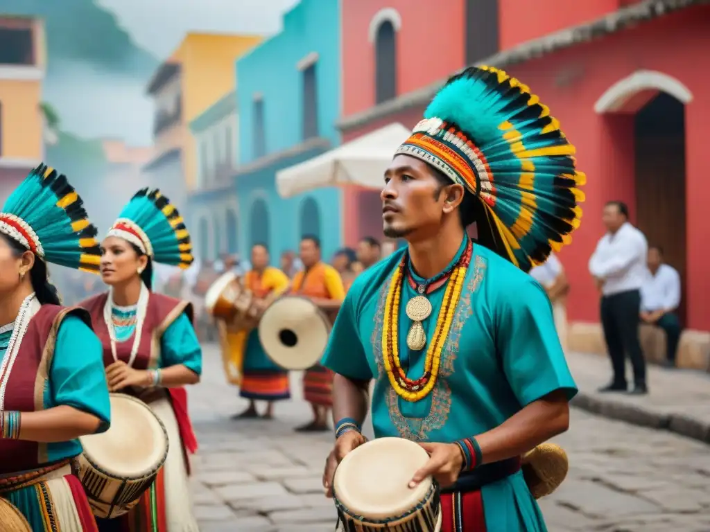 Una calle vibrante y bulliciosa, donde la gente viste trajes tradicionales mayas, fusionando pasado y presente en celebraciones mayas en ciudades