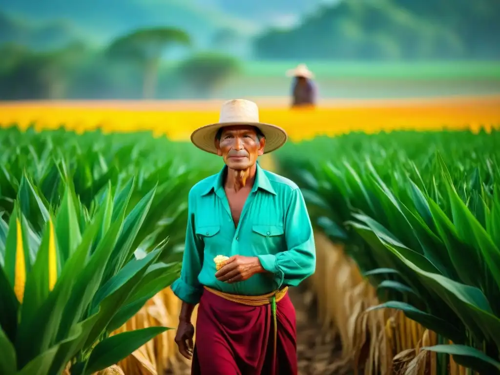 Un campesino maya, con atuendo tradicional, cuida un campo de maíz bajo el sol yucateco