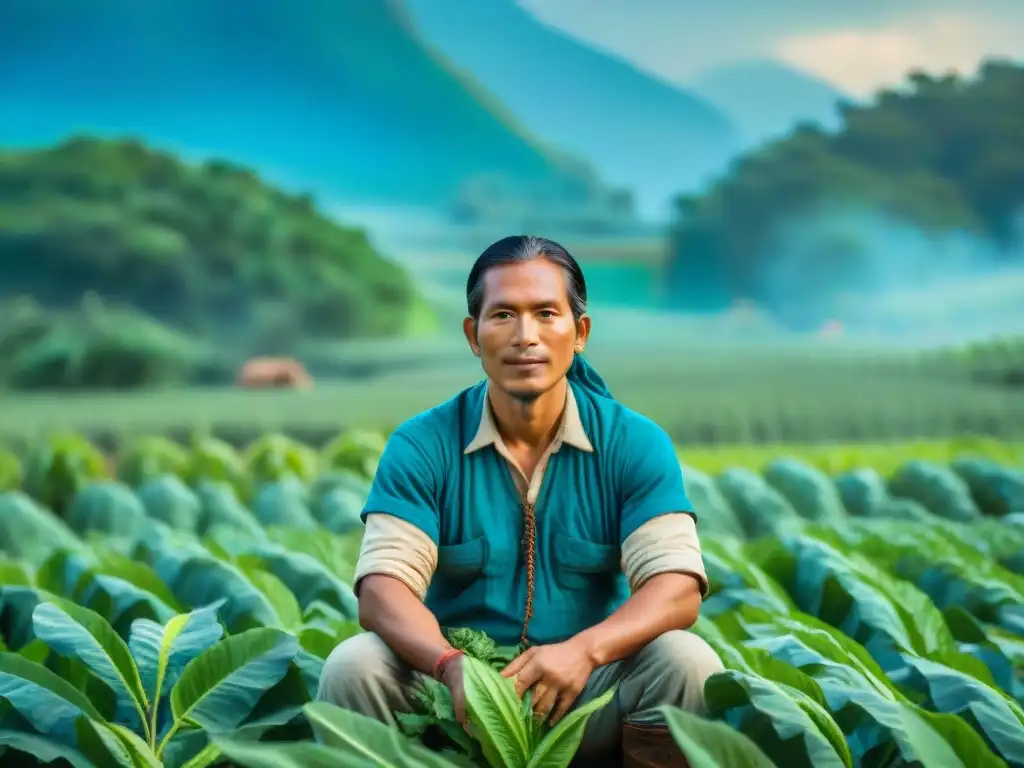 Un campesino maya en un campo exuberante practicando la rotación de cultivos, demostrando la sostenibilidad de la civilización Maya