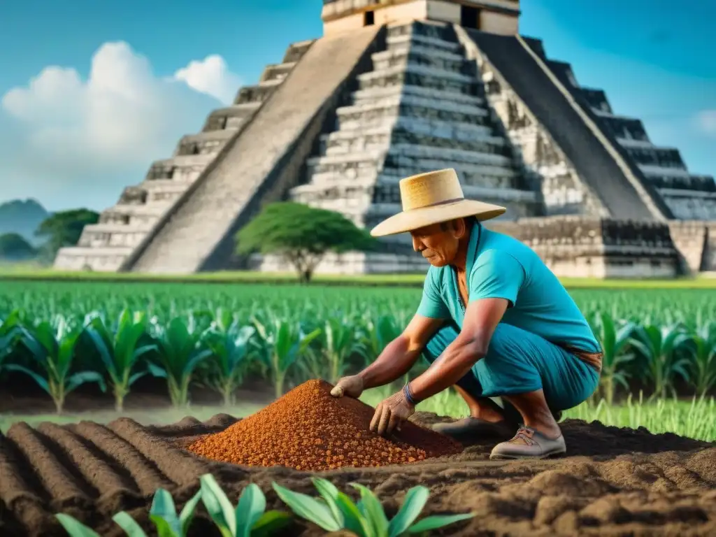 Un campesino maya plantando maíz en un campo fértil, con una pirámide al fondo