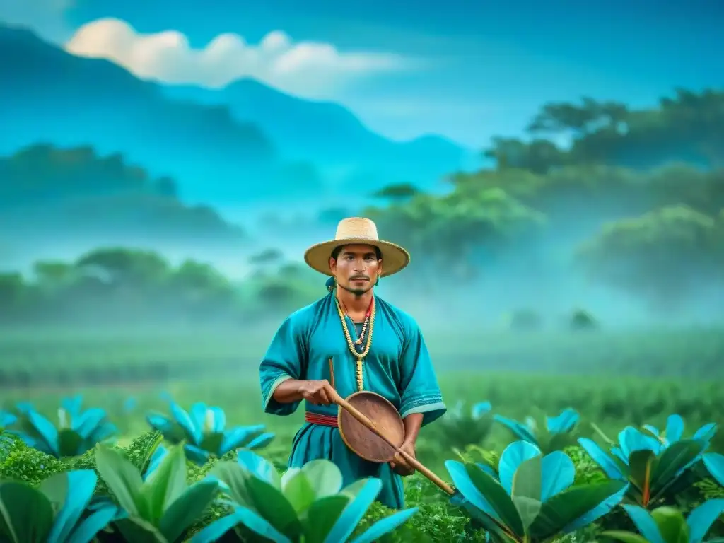 Un campesino maya en un campo verde, sosteniendo una herramienta de madera, en armonía con la naturaleza