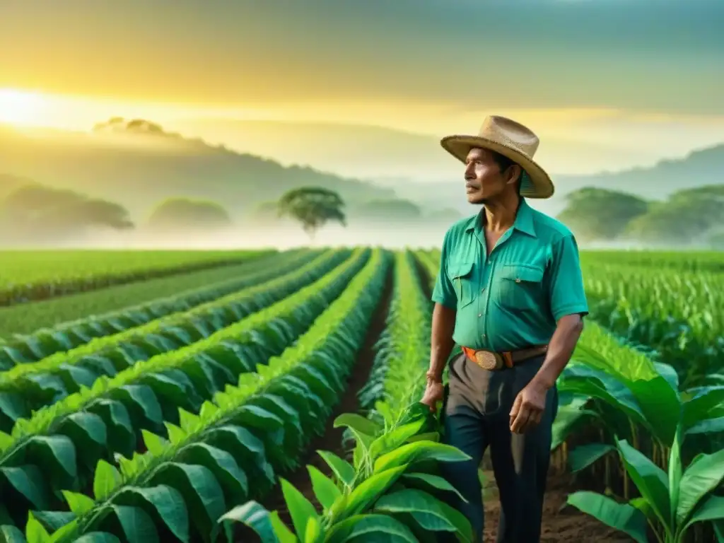 Campesino maya contemporáneo cuidando una milpa vibrante con prácticas agrícolas mayas