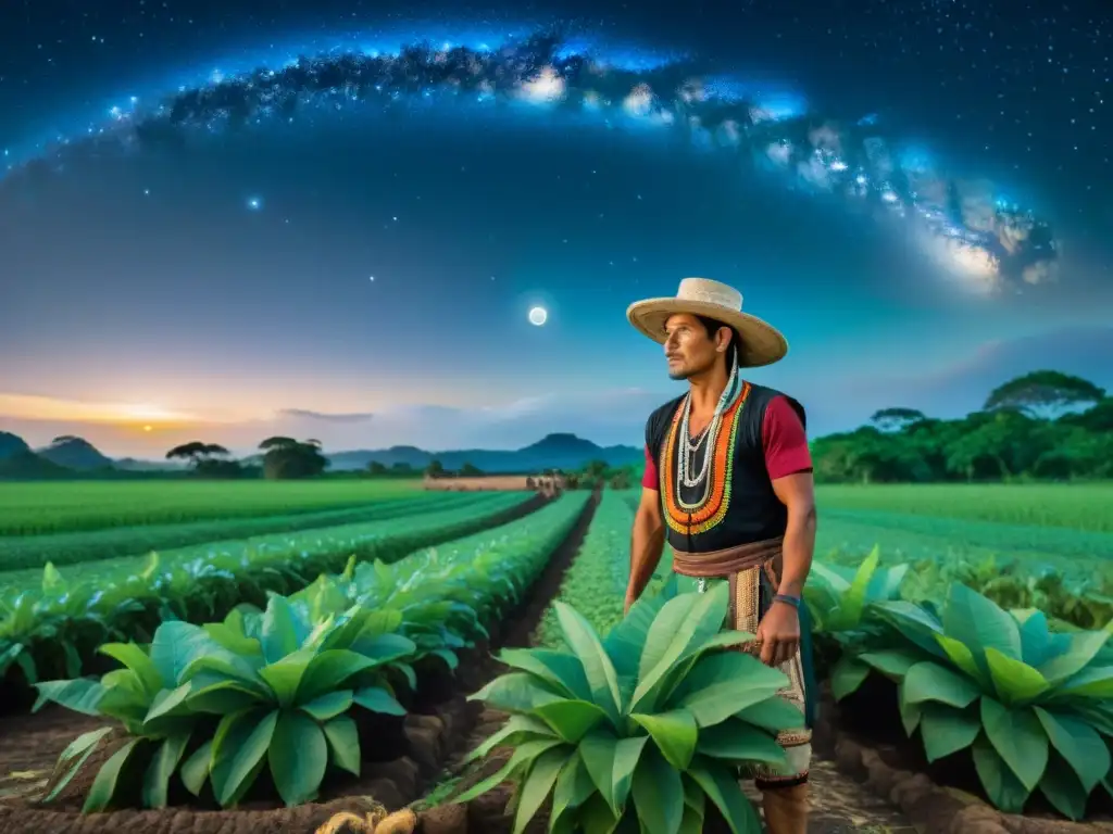 Campesino maya plantando cultivos bajo el cielo estrellado, conectando astronomía maya y agricultura sostenible