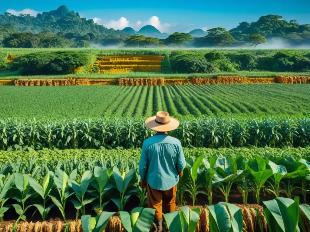 Un campesino maya cuida con esmero su milpa en un campo exuberante, reflejando el Sistema agrícola sustentable maya