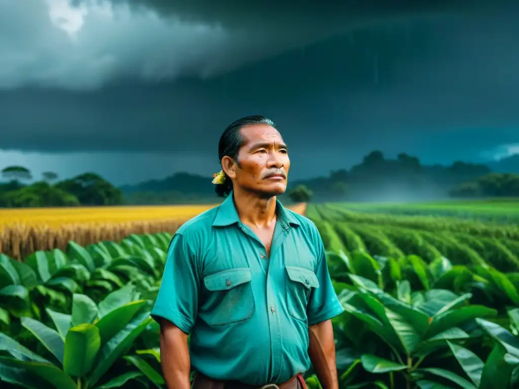 Un campesino maya bajo la lluvia de Chaac, cuidando sus cultivos con determinación