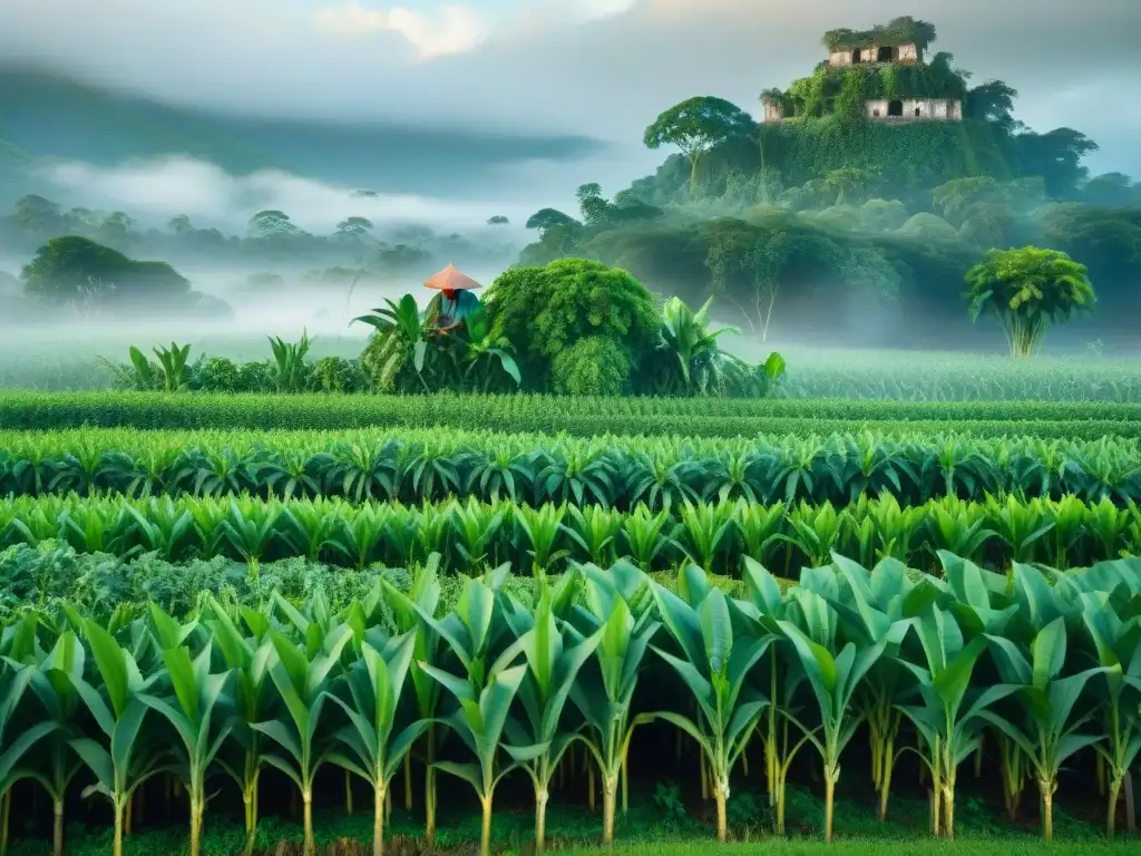 Un campesino maya cuida una milpa exuberante al amanecer, destacando las Técnicas agrícolas mayas sostenibles