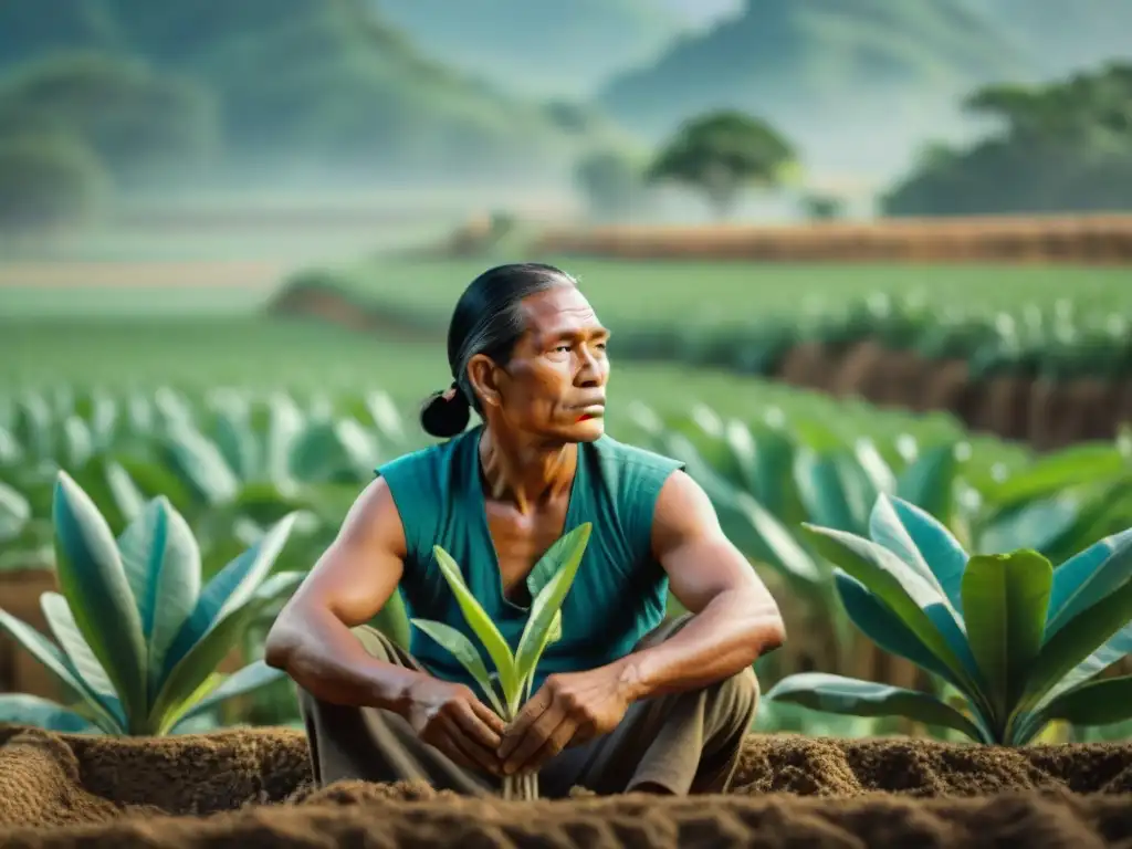 Un campesino maya en profunda conexión espiritual con la tierra, plantando semillas con delicadeza en un campo exuberante