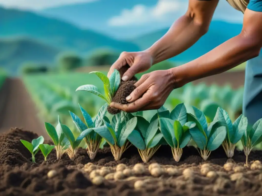 Un campesino maya planta semillas con cuidado en un campo exuberante, conectando con la agricultura sostenible y el calendario maya