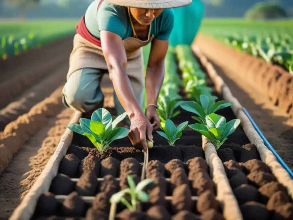 Un campesino maya planta semillas bajo el sol brillante en campos verdes