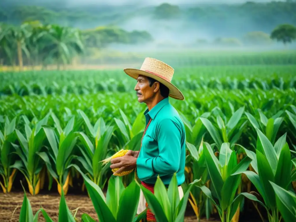 Un campesino maya sostenible poliniza maíz bajo el sol de Yucatán