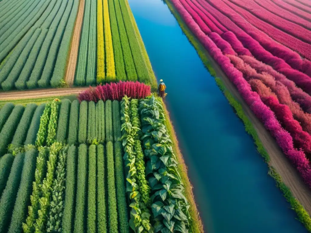 Campo de amaranto vibrante con agricultores locales en trajes tradicionales cosechando, conectando herencia y amaranto para turismo