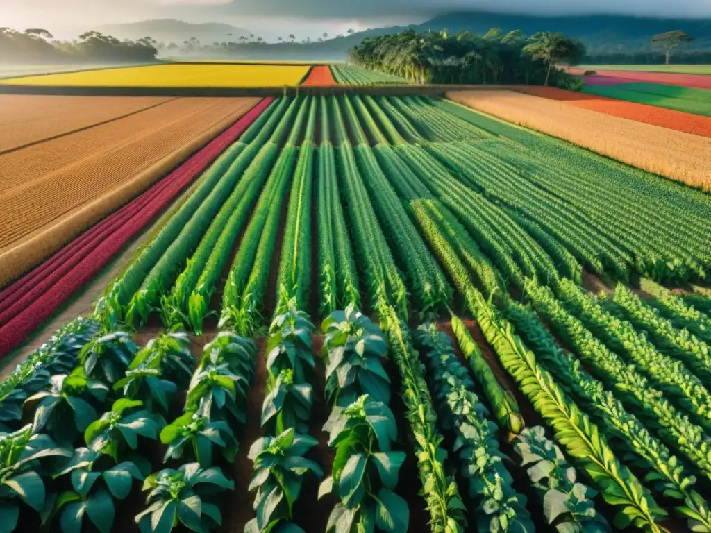 Un campo agrícola maya con cultivos alineados y colores vibrantes