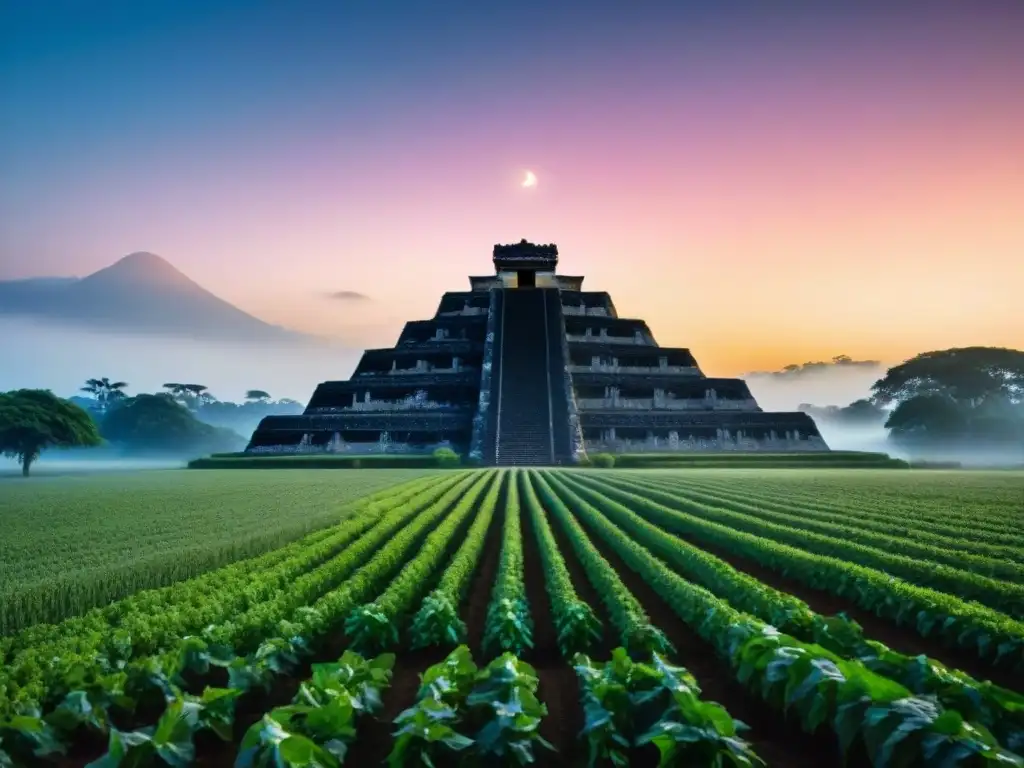 Un campo agrícola contemporáneo al amanecer, con cultivos verdes y estructuras astronómicas mayas en un cielo estrellado