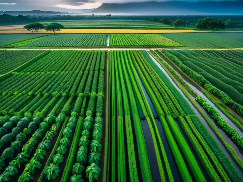 Campo agrícola maya: fusión celeste y terrenal Campo agrícola maya detallado con canales de riego alineados con eventos astronómicos, fusionando tradición y modernidad