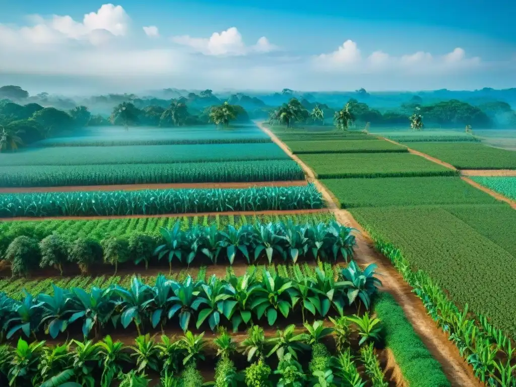 Campo agrícola maya con maíz en distintas etapas de crecimiento y sistema de riego
