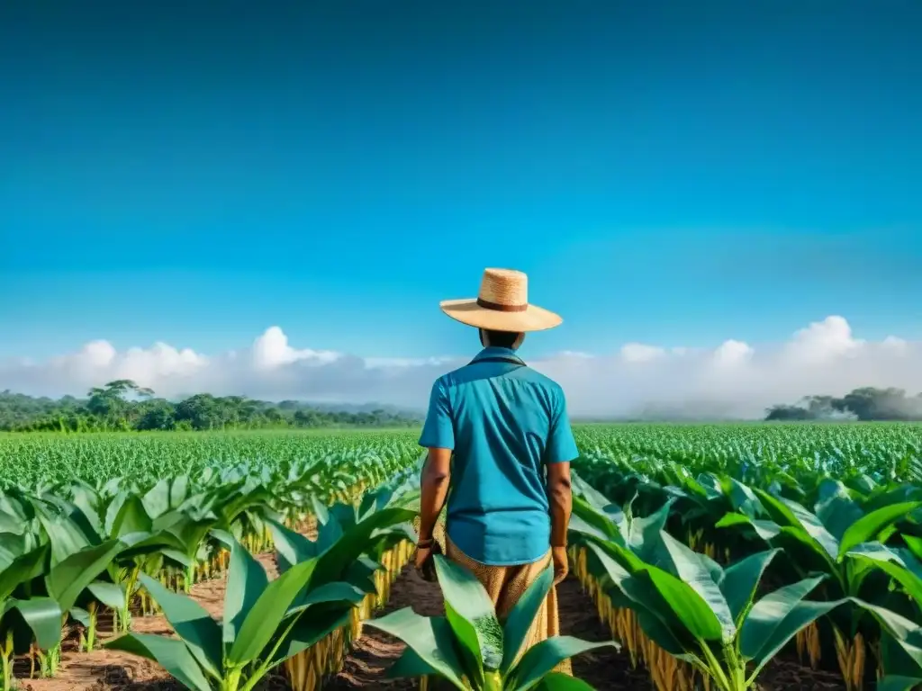 Un campo de maíz exuberante en la Península de Yucatán, donde un agricultor maya practica la rotación de cultivos