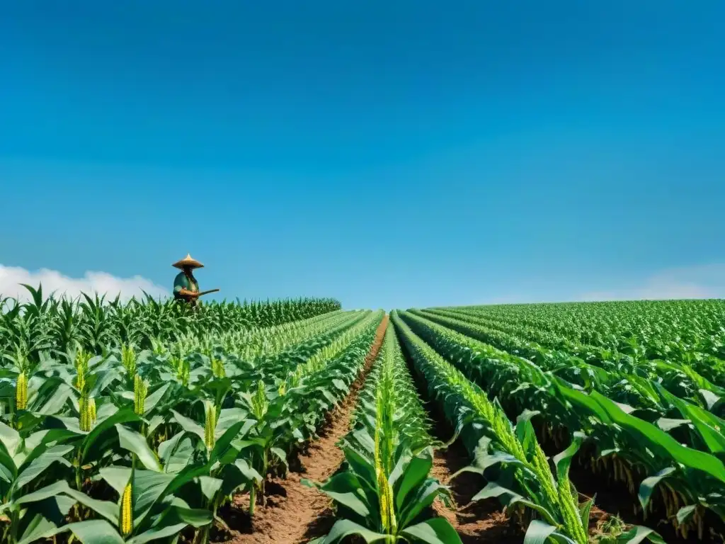 Un campo de maíz exuberante bajo un cielo azul, donde un agricultor maya cuida las plantas