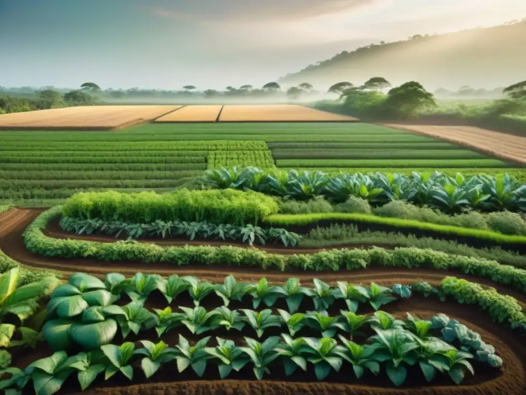 Un campo agrícola exuberante y vibrante, cultivado con técnicas mayas de conservación del suelo