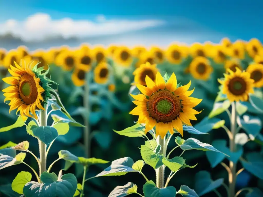 Un campo de girasoles vibrante con abejas sagradas de la civilización maya