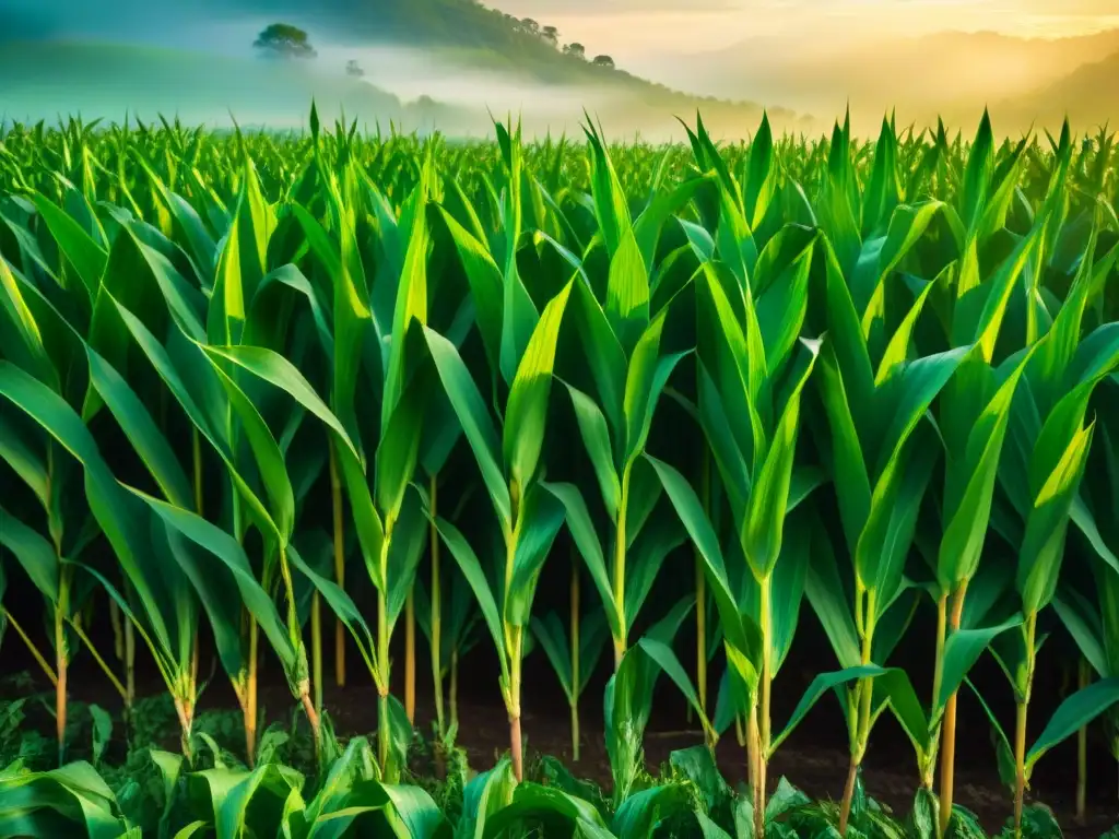 Un campo de maíz maya, con altas plantas doradas y campesinos indígenas