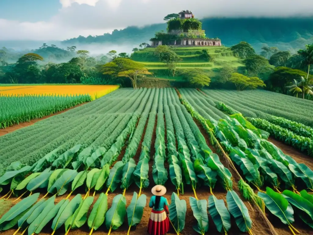 Un campo maya exuberante y vibrante con cultivos tradicionales, mostrando la abundancia de la dieta maya tradicional saludable