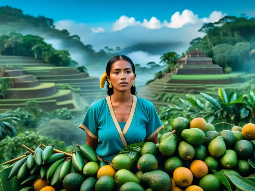 Campo maya con frutas exóticas y técnicas agrícolas tradicionales bajo cielo azul