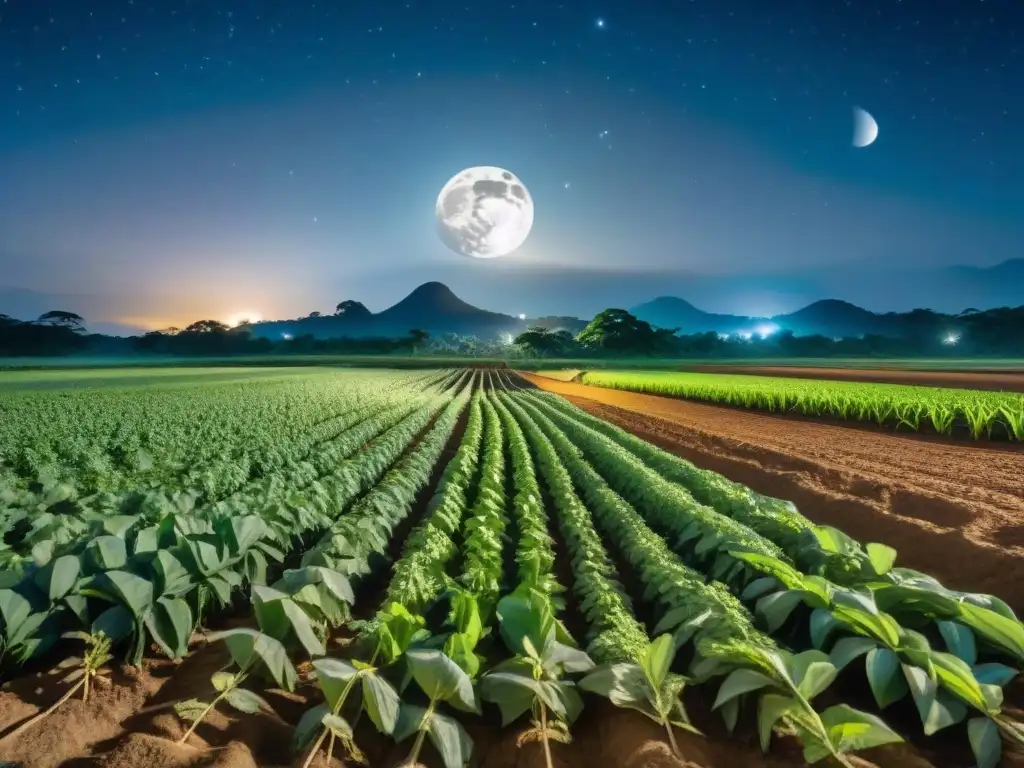 Un campo agrícola maya iluminado por la luna, con cálculos astronómicos mayas agricultura