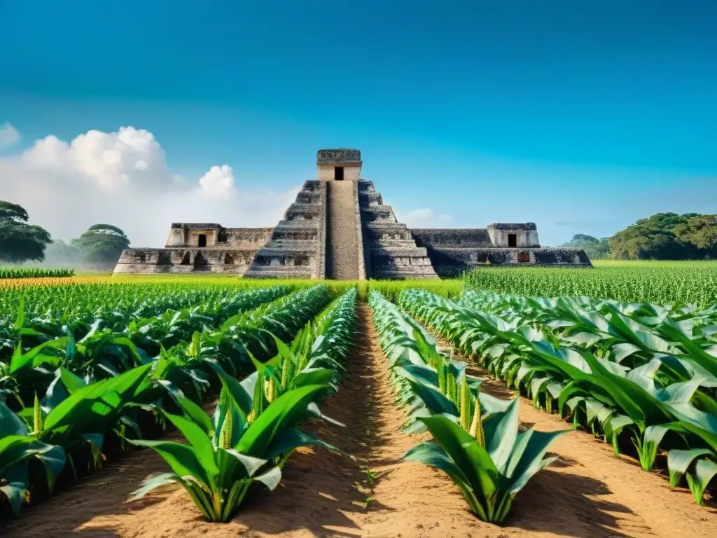 Un campo de maíz maya con ruinas antiguas al fondo